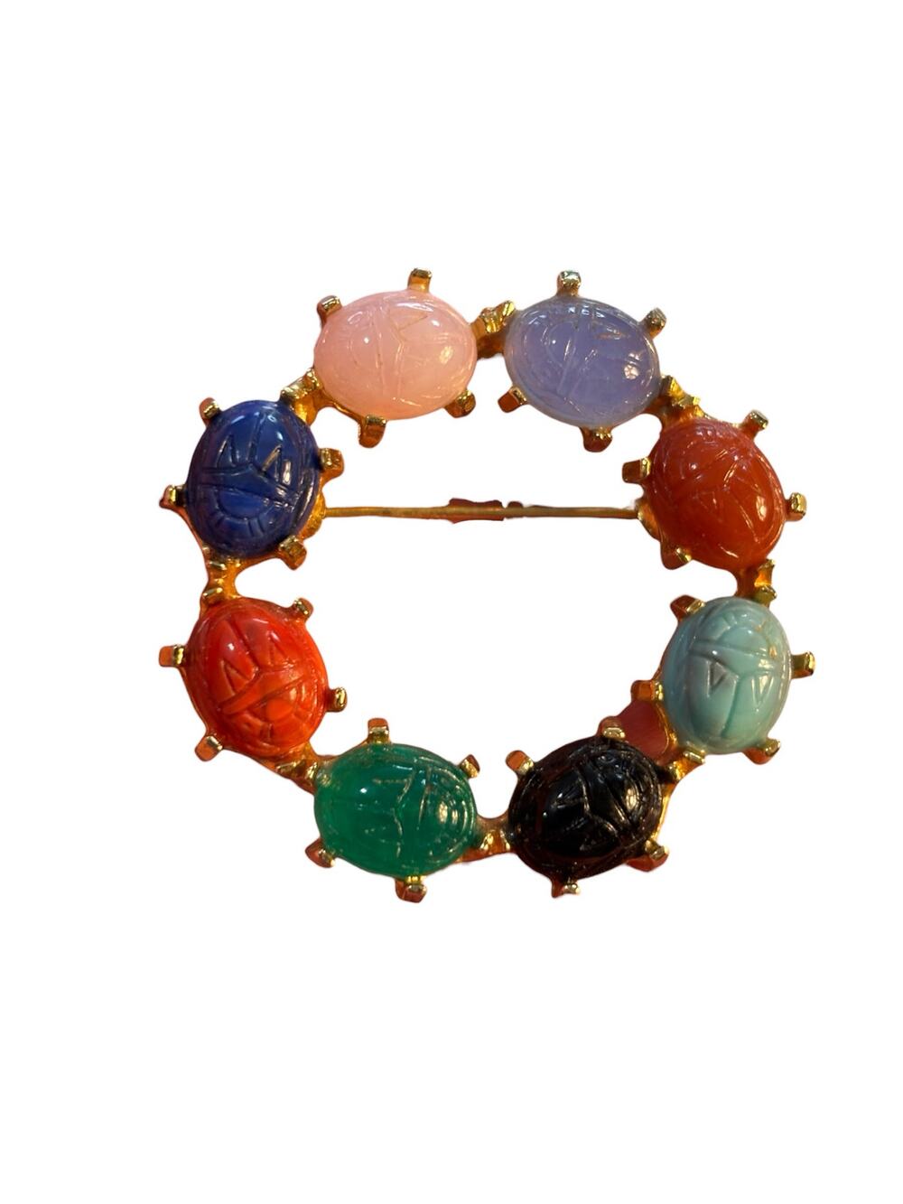Vintage Egyptian Revival Glass Scarab Brooch Gold Tone Multicolor Cabochon Pin